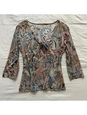 Y2K Pastel Paisley Tie Front Top Boho Whimsigoth 3/4 Sleeve Shirt